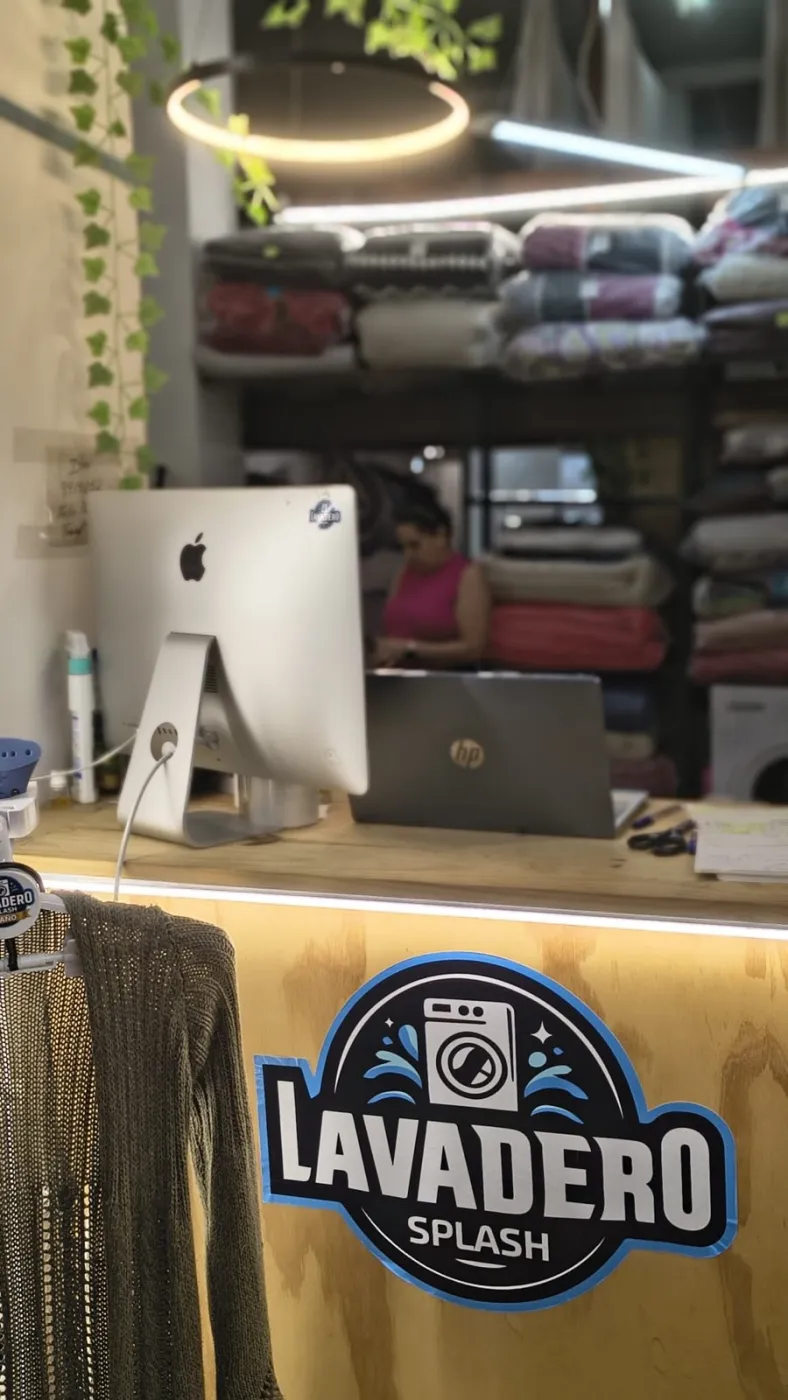 Mostrador del local de Lavadero Splash con el logo y estantes con acolchados al fondo