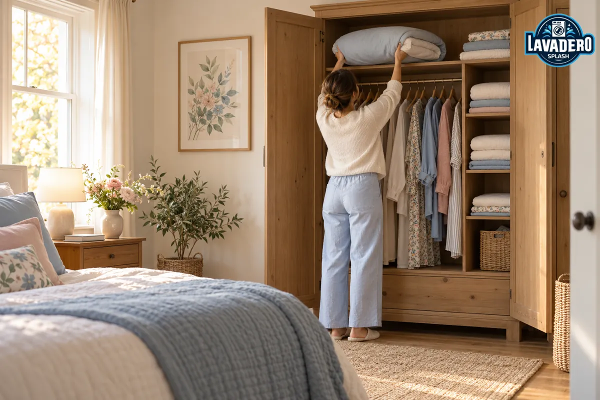 Persona guardando un acolchado en un ropero ordenado y ventilado: consejos de Lavadero Splash para guardar acolchados y frazadas