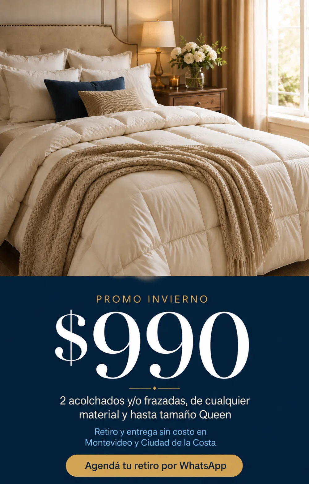 Promo invierno de Lavadero Splash: lavado de 2 acolchados o frazadas de cualquier material, hasta tamaño Queen, por $990, con retiro y entrega sin costo en Montevideo y Ciudad de la Costa
